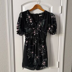 Floral Black romper with Pink and Green Accents